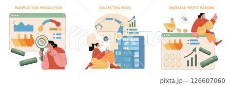 Egg Farm illustration. The process of maximizing egg production through efficient collection methods and strategies to boost profit margins in poultry farming. Focus on innovation and growth. Vector 126607060