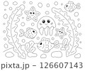 Coloring page with cute jellyfish, fish, starfish. 126607143