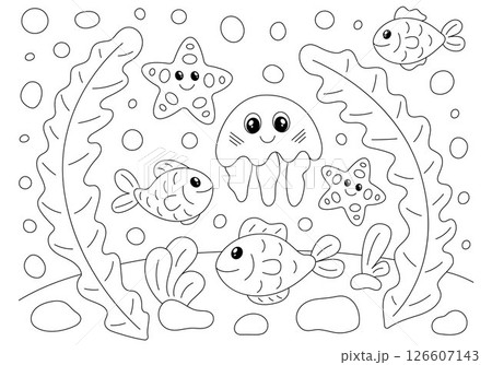 Coloring page with cute jellyfish, fish, starfish. 126607143
