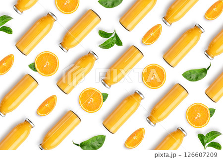 Pattern from bottles of orange juice and orange slices 126607209