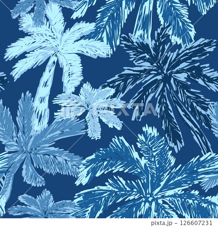 Blue tropical palm tree seamless pattern. Summer beach vector print. Hand drawn botanical sketch. 126607231
