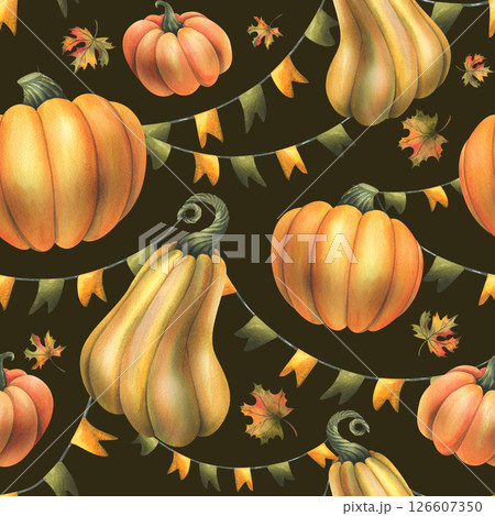 Orange autumn pumpkins with maple leaves and garland flags. Watercolor illustration, hand drawn. Seamless pattern on a dark brown background. Thanksgiving, Harvest, Halloween Orange autumn pumpkins with maple leaves and garland flags. Watercolor illustration, hand drawn. Seamless pattern on a dark brown background. Thanksgiving, Harvest, Halloween 126607350