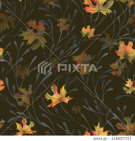 Autumn maple leaves are orange with graceful black branches. Hand drawn watercolor illustration. Seamless pattern simple on dark brown background. Thanksgiving, Harvest, Halloween Autumn maple leaves are orange with graceful black branches. Hand drawn watercolor illustration. Seamless pattern simple on dark brown background. Thanksgiving, Harvest, Halloween 126607351
