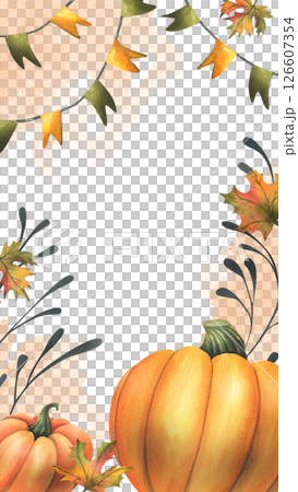 Orange autumn pumpkins with maple leaves, flags garland and twigs. Watercolor illustration, hand drawn. Vertical frame, template for text rectangular isolated from background Thanksgiving, Harvest 126607354