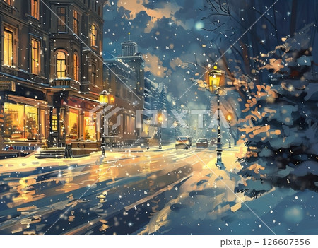 A snowy street scene at night with softly glowing street lamps. Snowflakes fall gently on a quiet road lined with trees and buildings. A warm ambiance is created by the lights. A snowy street scene at night with softly glowing street lamps. Snowflakes fall gently on a quiet road lined with trees and buildings. A warm ambiance is created by the lights. 126607356