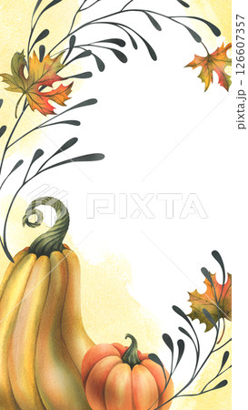 Orange autumn pumpkins with maple leaves and twigs. Watercolor illustration, hand drawn. Vertical frame, template for text rectangular isolated from background Thanksgiving, Harvest, Halloween Orange autumn pumpkins with maple leaves and twigs. Watercolor illustration, hand drawn. Vertical frame, template for text rectangular isolated from background Thanksgiving, Harvest, Halloween 126607357