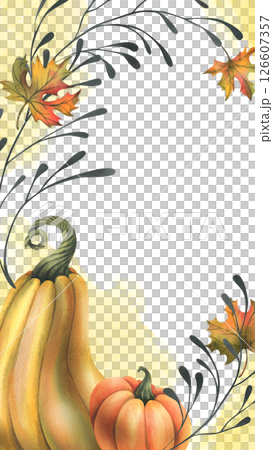 Orange autumn pumpkins with maple leaves and twigs. Watercolor illustration, hand drawn. Vertical frame, template for text rectangular isolated from background Thanksgiving, Harvest, Halloween Orange autumn pumpkins with maple leaves and twigs. Watercolor illustration, hand drawn. Vertical frame, template for text rectangular isolated from background Thanksgiving, Harvest, Halloween 126607357