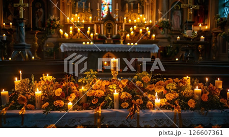 A decorated altar in a church with numerous candles and vibrant marigold flowers. The warm glow of the candles creates a serene atmosphere, ideal for reflection. 126607361