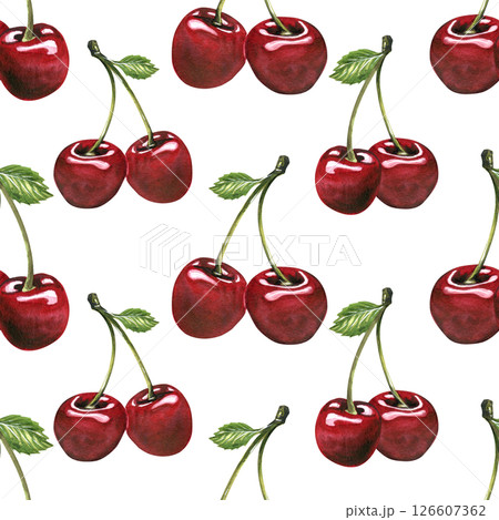 Red ripe cherries couple twins berries. Watercolor hand drawn illustration on the theme of fruits, food and desserts. Seamless pattern, ornament on a white background, infinitely repeating 126607362
