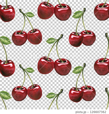 Red ripe cherries couple twins berries. Watercolor hand drawn illustration on the theme of fruits, food and desserts. Seamless pattern, ornament on a white background, infinitely repeating 126607362