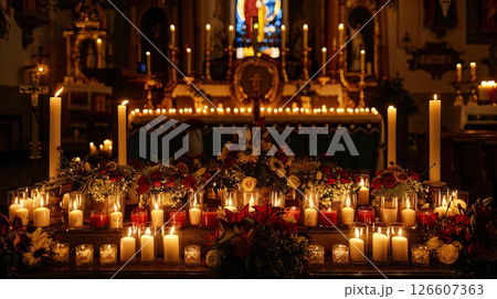 A beautifully arranged altar with numerous candles and flowers. The warm glow of the candles creates a serene atmosphere, ideal for reflection and remembrance. 126607363