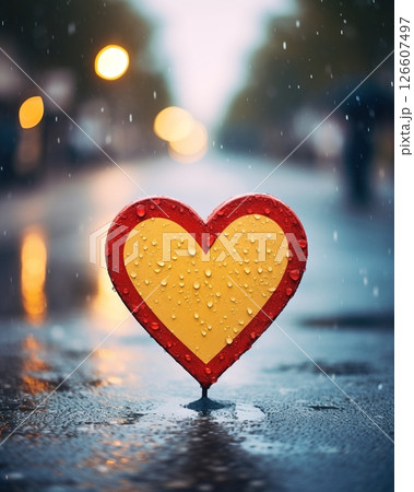 Heart-shaped road sign on the road. Generative Ai 126607497