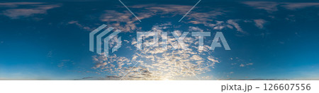 360 panorama of glowing sunset sky with bright pink Cumulus clouds. HDR 360 seamless spherical panorama. Full zenith or sky dome sky replacement for aerial drone panoramas. Climate and weather change. 126607556
