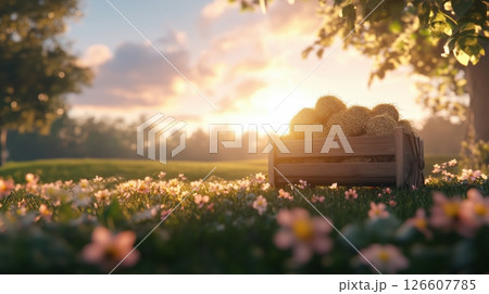 A rustic hay cart with golden hay bales in a countryside meadow, surrounded by wildflowers and green grass, under blue sky, warm golden hour sunlight, tranquil rural charm, peaceful atmosphere. 126607785