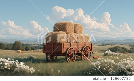 A rustic hay cart with golden hay bales in a countryside meadow, surrounded by wildflowers and green grass, under blue sky, warm golden hour sunlight, tranquil rural charm, peaceful atmosphere. A rustic hay cart with golden hay bales in a countryside meadow, surrounded by wildflowers and green grass, under blue sky, warm golden hour sunlight, tranquil rural charm, peaceful atmosphere. 126607786