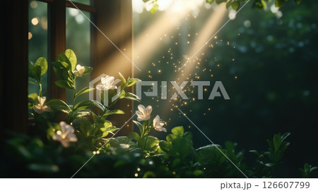 Ethereal light streams through a cracked vintage window into a lush indoor garden, illuminating floating dust particles, vibrant green plants, delicate flowers, soft golden beams, moody haze, Ethereal light streams through a cracked vintage window into a lush indoor garden, illuminating floating dust particles, vibrant green plants, delicate flowers, soft golden beams, moody haze, 126607799