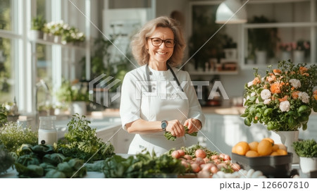 Professional dietitian in modern kitchen, fresh fruits, vegetables, natural sunlight, white countertops, healthy meal prep, friendly smile, minimalist decor, vibrant atmosphere, soft depth of field, Professional dietitian in modern kitchen, fresh fruits, vegetables, natural sunlight, white countertops, healthy meal prep, friendly smile, minimalist decor, vibrant atmosphere, soft depth of field, 126607810