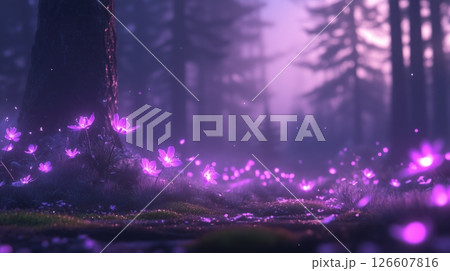 A serene forest at twilight bathed in soft purple glow delicate violet rays filter through mist-shrouded ancient trees bioluminescent flowers light mossy ground sparkling dewdrops cinematic atmosphere A serene forest at twilight bathed in soft purple glow delicate violet rays filter through mist-shrouded ancient trees bioluminescent flowers light mossy ground sparkling dewdrops cinematic atmosphere 126607816