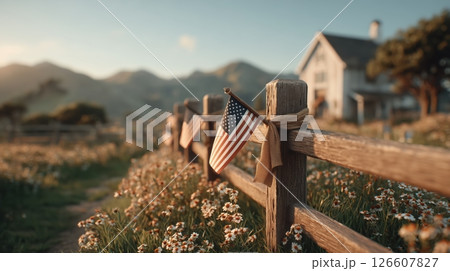 A photorealistic, highly detailed scene of rustic American flags made from weathered wood and burlap, draped over an old wooden barn fence in a sunlit countryside meadow, wildflowers blooming around A photorealistic, highly detailed scene of rustic American flags made from weathered wood and burlap, draped over an old wooden barn fence in a sunlit countryside meadow, wildflowers blooming around 126607827