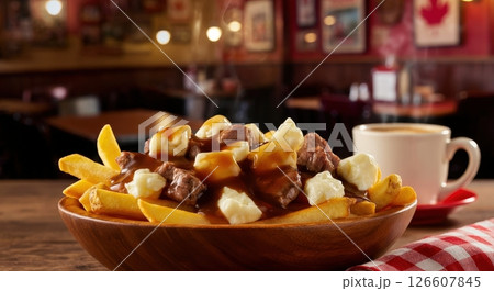 Enjoying traditional poutine in a cozy Canadian restaurant during a chilly evening 126607845