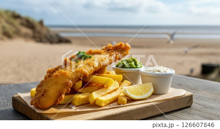Enjoying fish and chips by the seaside on a sunny day at the beach 126607846