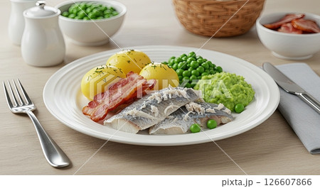 Traditional Norwegian Lutefisk fish dish with potatoes peas and bacon on plate 126607866