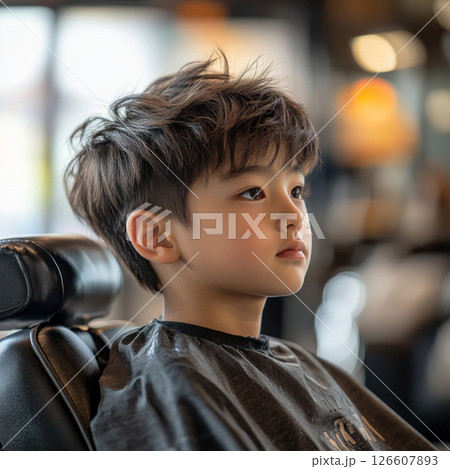 A young Asian boy sits in profile at a barber shop, focused as he gets his hair styled, surrounded by the warm ambiance of the lively space 126607893