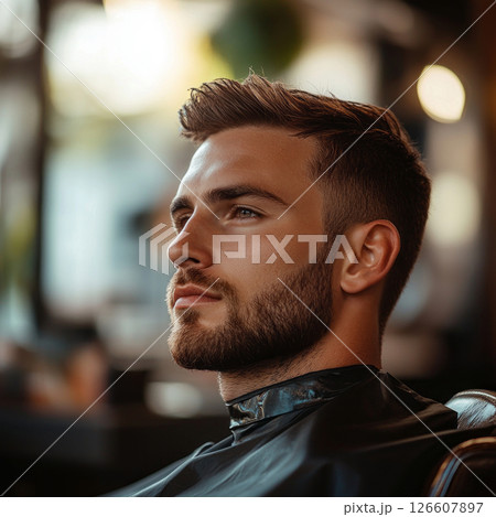 A European man sits in profile at a barber shop, focusing intently as he receives a haircut. The warm ambiance enhances the experience as he awaits his fresh look 126607897