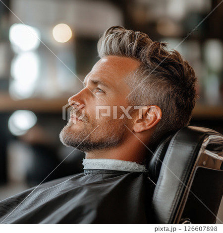 A European man sits in profile at a barber shop, focusing intently as he receives a haircut. The warm ambiance enhances the experience as he awaits his fresh look 126607898