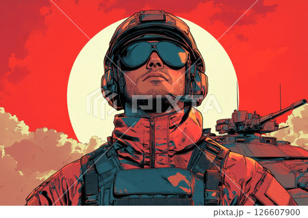 Full-length male tanker in full combat uniform stands strong in front of a modern battle tank, captured in 1950s pin-up poster style with patriotic energy and retro military flair 126607900