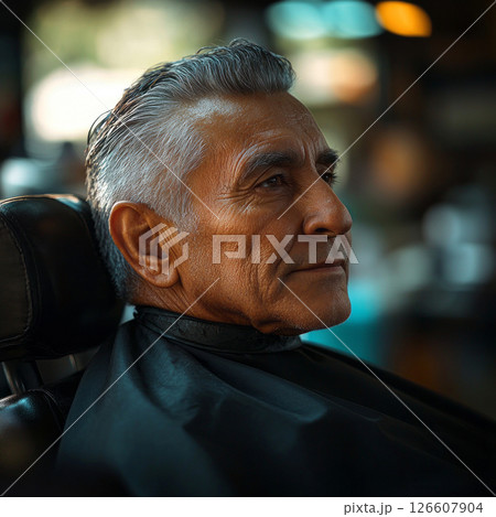 A 60-75 year old Hispanic male sits in a barber chair at a bustling shop, focused on his reflection while a stylist prepares for a haircut in a lively atmosphere 126607904