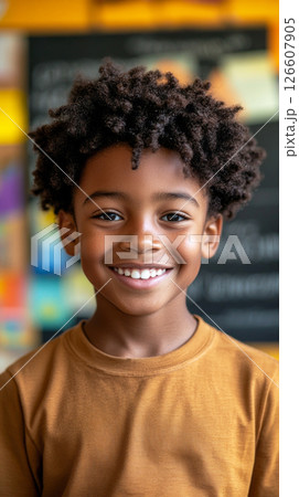 Young Afroamerican boy smiling joyfully in a classroom with a colorful chalkboard in the background filled with drawings and notes during school hours 126607905