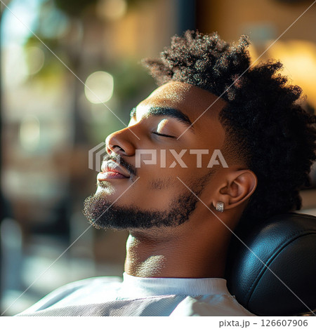 In a busy barber shop, a young African American man sits in a chair, focused and relaxed, while his hair is being carefully styled. The vibrant atmosphere enhances the experience 126607906