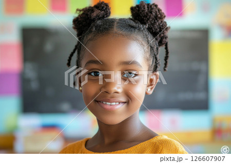 Young Afroamerican girl with braided hair smiles brightly in a classroom setting, showcasing her confidence and joy, surrounded by colorful educational materials and a chalkboard backdrop 126607907