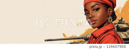 Patriotic poster featuring Afroamerican tanker in uniform, striking a confident pose before a tank, blending style, grit, and national pride, banner 126607908