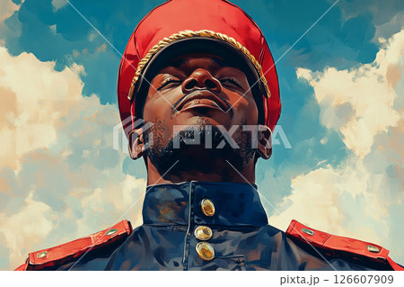 Full-length Afroamerican male tanker in combat uniform stands proud before a modern tank, captured in bold 1950s pin-up poster style with patriotic energy and heroic strength 126607909