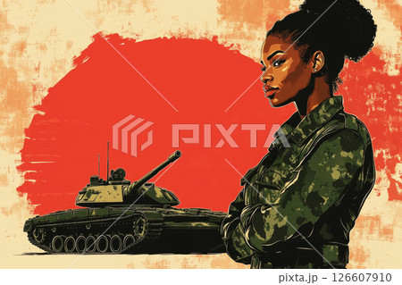 Full-length Afroamerican female tanker in uniform stands proud before a modern tank, styled in muted tones with bold and patriotic pin-up flair 126607910