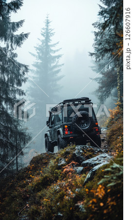 Powerful truck tackles harsh hillside trail in misty woods with tires clenched to stone, an adrenaline-charged scene of grit, focus, and extreme off-road challenge 126607916