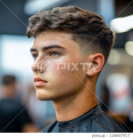 A young European man in profile sits in a barber shop chair as he receives a stylish haircut 126607917