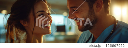 Soft-lit close-up of nurse and patient, hands touching with care, warmth and trust evident, blurred background revealing a calm, modern hospital space, banner 126607922