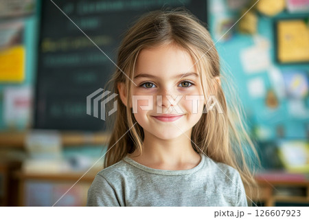 A cheerful 10-year-old girl stands in a vibrant classroom, her long hair framing her face as she smiles warmly amidst educational materials and notes on a chalkboard 126607923