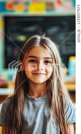 A cheerful girl, around 10 years old, stands in a classroom with long, wavy hair and a floral shirt. She smiles warmly with a blackboard filled with colorful drawings behind her 126607924