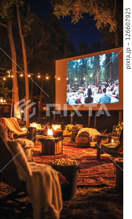 Guests enjoy a luxury glamping experience with comfy chairs, blankets, and popcorn, watching a movie under the stars in a peaceful, immersive wilderness setting 126607925