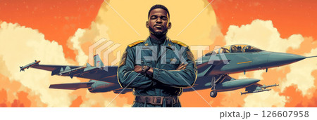 A charismatic pilot in flight gear stands proudly near a vintage aircraft, embodying the glamour and spirit of the 1950s aviation culture and advertising style 126607958