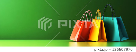 A vibrant set of colorful shopping bags stacked against a green backdrop, in sleek minimal design, great for fashion marketing, retail banners, and modern flyers, banner 126607970