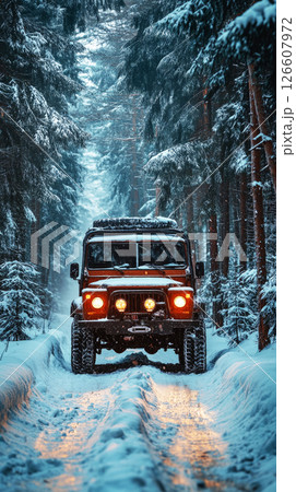 Snow-cloaked off-road vehicle treks frozen pine path with tires gripping ice, light slicing through fog in a raw and extreme wilderness drive 126607972