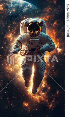 A mid-century inspired space illustration, depicting an astronaut in a retro spacesuit floating freely in deep space with a breathtaking view of Earth 126607973