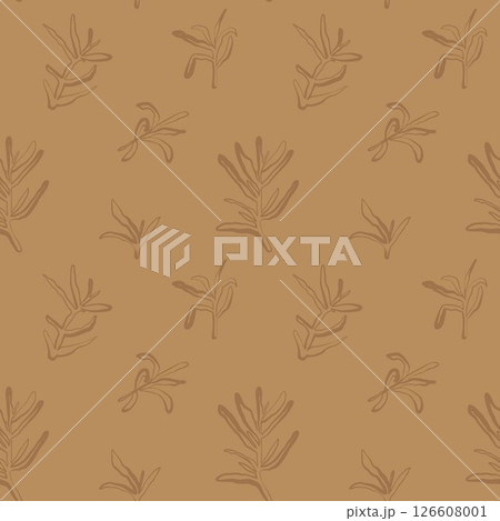 Hand drawn rosemary seamless pattern in brown and mustard tones with bold whimsical lines for fabric packaging and wallpaper Hand drawn rosemary seamless pattern in brown and mustard tones with bold whimsical lines for fabric packaging and wallpaper 126608001