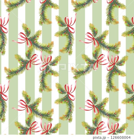 Pine Branches with Red Bows on Green and White Stripes Pine Branches with Red Bows on Green and White Stripes 126608004