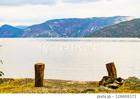 Bonfire and fjord landscape, Norway 126608171
